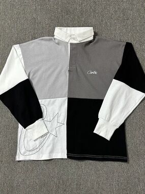 Corteiz Long Sleeve Rugby Top in Gray, Black & White